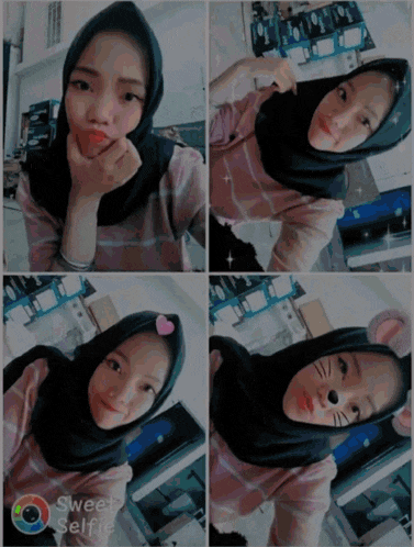 a girl wearing a hijab takes a selfie with the words sweet selfie on the bottom