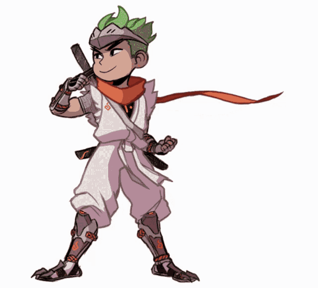 a cartoon drawing of a ninja with green hair and a red scarf around his neck