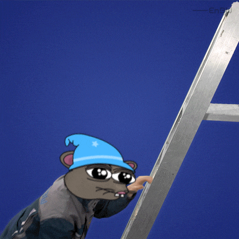 a person wearing a blue hat and sunglasses is climbing a metal ladder