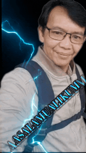 a man wearing glasses and a backpack says " aassalamualaikum "