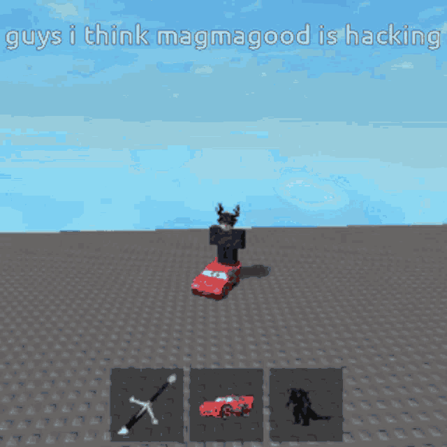 a screenshot of a video game with the words guys i think magmagood is hacking