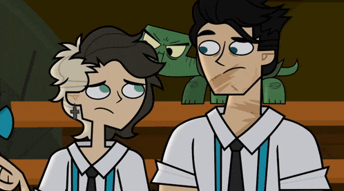 a couple of cartoon characters standing next to each other with a lizard in the background