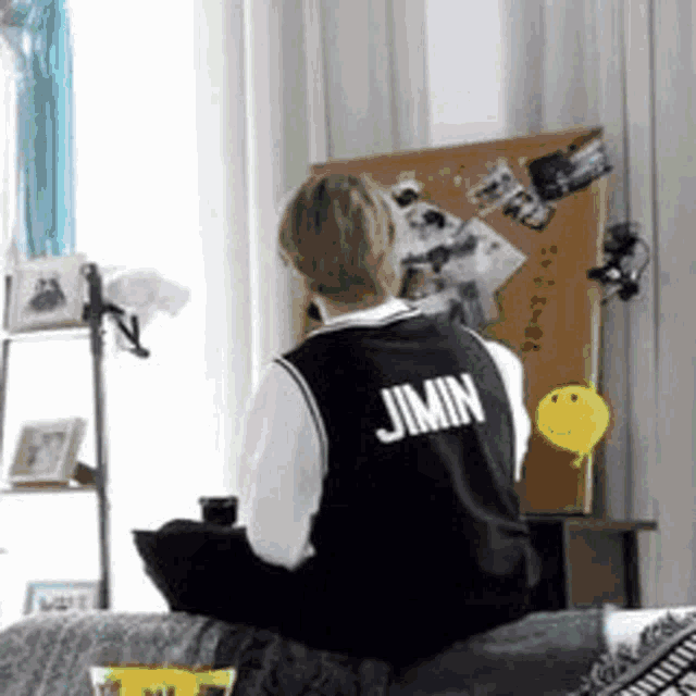 a person wearing a jimin vest is sitting on a couch in a room .