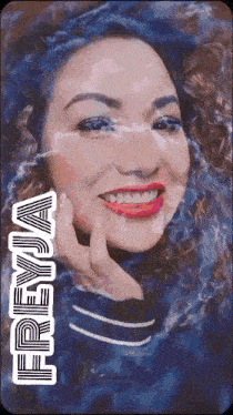 a close up of a woman 's face with the name fryja written on the bottom
