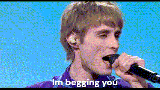 a man singing into a microphone with the words " i 'm begging you " below him