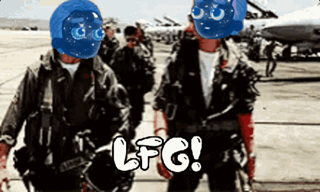 a group of soldiers are standing on a runway with the word lfg written on the bottom