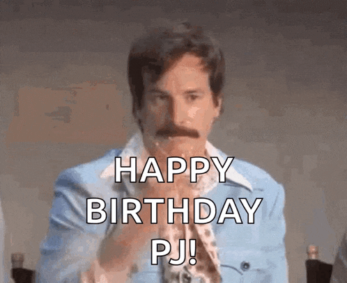 a man with a mustache is blowing out a candle and saying happy birthday pj .