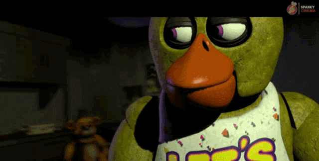 a cartoon character with a yellow shirt that says ' chica ' on it