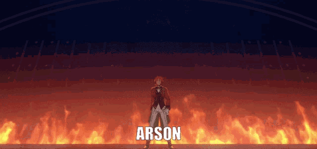 a man in a red suit is standing in front of a fire with the name arson written on the bottom