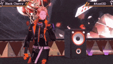 a video game character named black cherry is dancing on a stage