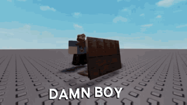 a video game character is holding a piece of wood and says " damn boy " at the bottom