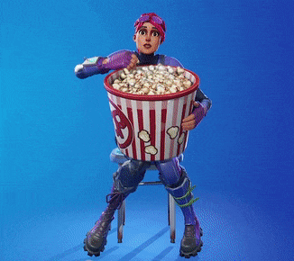 a cartoon character is sitting on a stool holding a bucket of popcorn