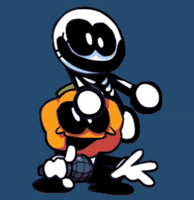 a cartoon of a skeleton holding a pumpkin on his back