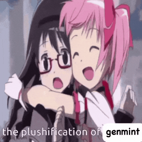 a couple of anime girls hugging each other with the words the plushification of genmint in the corner
