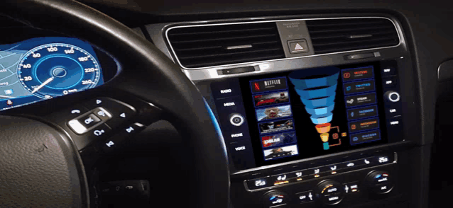 a car dashboard with a netflix app on the screen