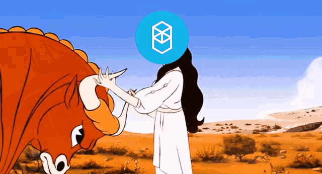 a cartoon of a woman standing next to a bull with a blue circle on her head