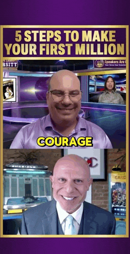 a man in a suit and tie is smiling in front of a sign that says 5 steps to make your first million courage