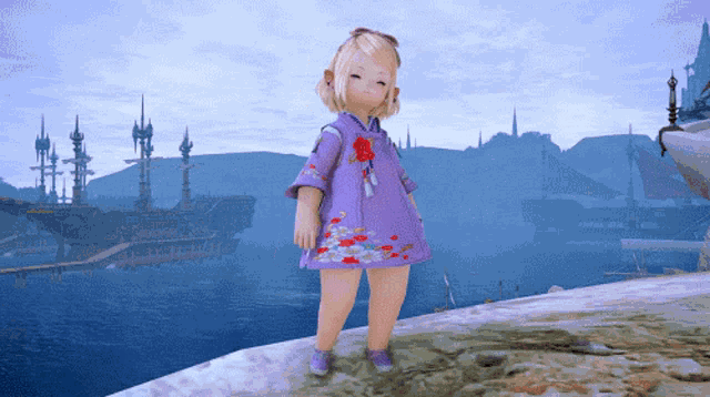 a little girl in a purple dress stands on a cliff overlooking the water