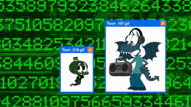 a cartoon character with headphones and a boombox is displayed on a green background