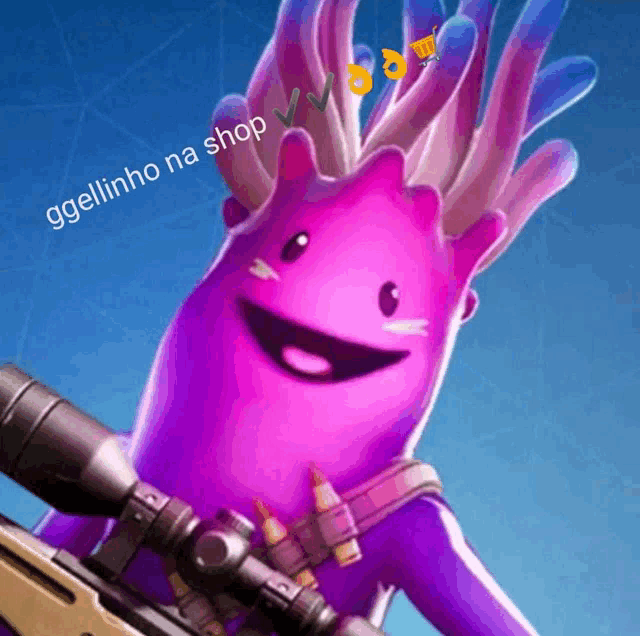 a purple monster is holding a sniper rifle with the words ggellinho na shop written below it