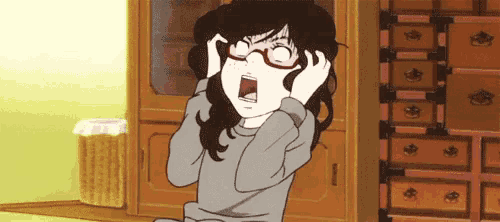 a cartoon girl with glasses is screaming and covering her ears .