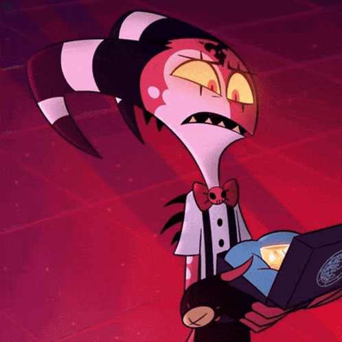a cartoon character with horns and a bow tie is holding a box that says ' pizza hut '