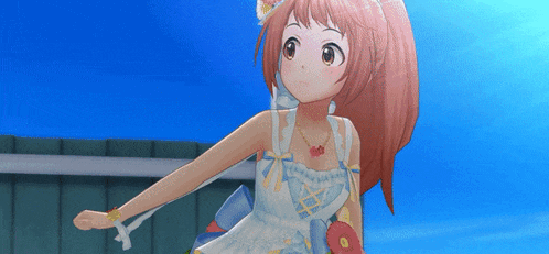 a girl with pink hair is wearing a white dress and necklace