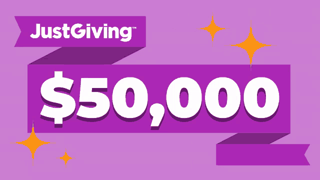 a purple sign that says just giving $ 50,000