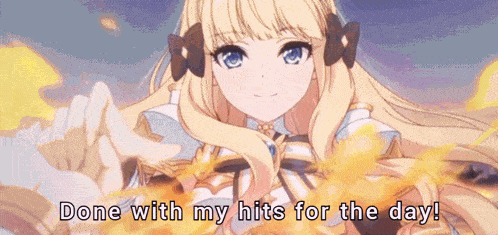 a blonde anime girl says done with my hits for the day !