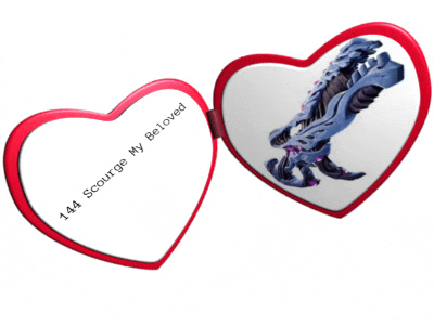 a heart shaped mirror that says " 144 scourge my beloved " on it