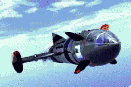 a cartoon shark is flying through the air with a blue sky behind it