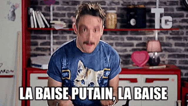 a man wearing a cat t-shirt says " la baise putain la baise "