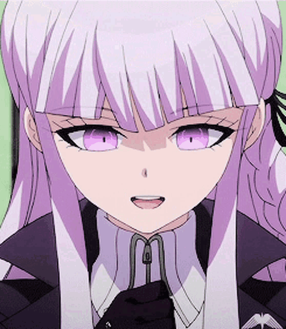 a girl with purple hair and purple eyes is wearing a suit and tie