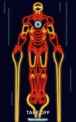 a neon sign of iron man with the words take off on it