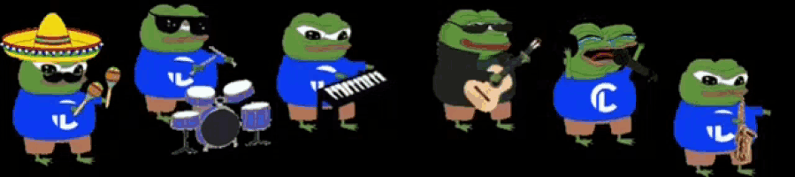 a group of frogs wearing blue shirts with the letter c on them are playing musical instruments