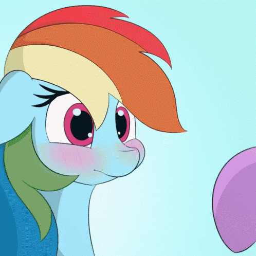 rainbow dash is looking at a pink balloon