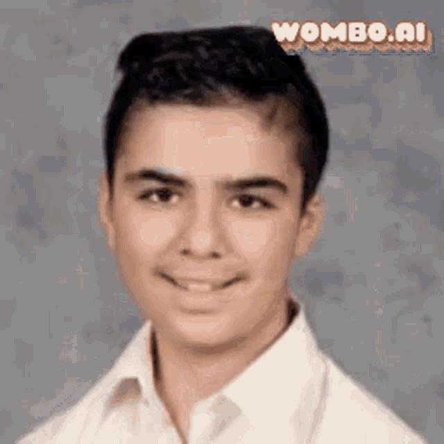 a young man in a white shirt is smiling in front of a wombo.ai watermark