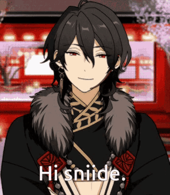 a cartoon character says hi sniide while wearing a black coat