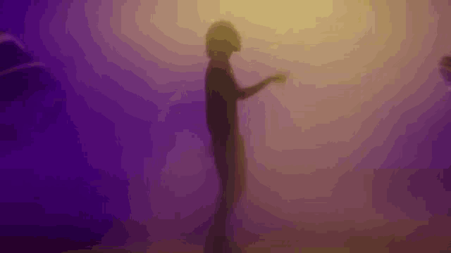 a silhouette of a person dancing in a dark room with smoke coming out of it .