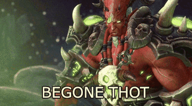 a video game character with horns and the words begone thot written below him