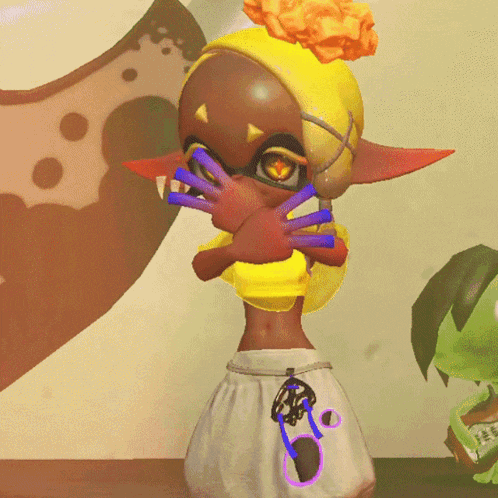 a cartoon character with a flower on her head is covering her mouth with her hands