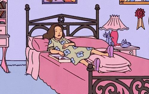 a cartoon of a woman laying on a bed with her feet up .