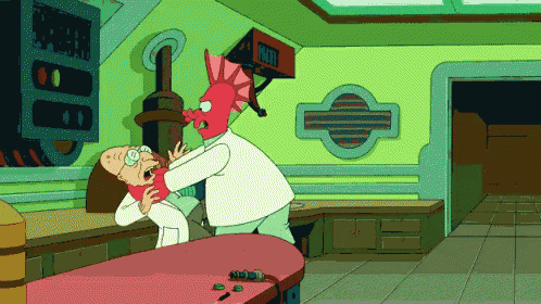 a cartoon of a man being attacked by a monster with the word exit visible