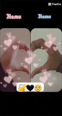 a couple making a heart shape with their hands with the words name and name below