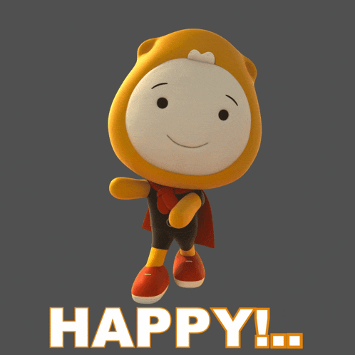 a cartoon character with a cape and the word happy behind him