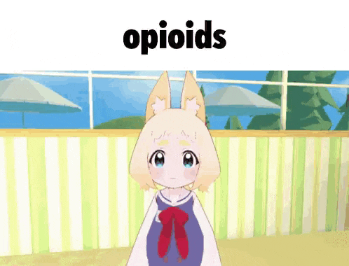 a cartoon girl is standing in front of a sign that says opioids on it
