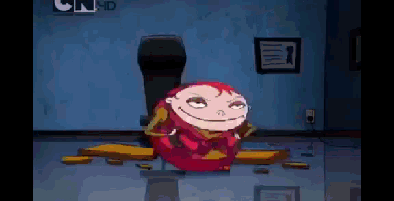 a cartoon character is sitting in a chair with a cn hd logo on the wall behind him