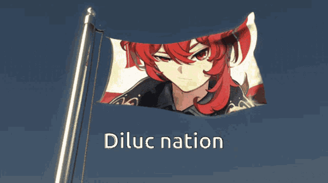 a flag with a picture of a girl with red hair and the words diluc nation below it