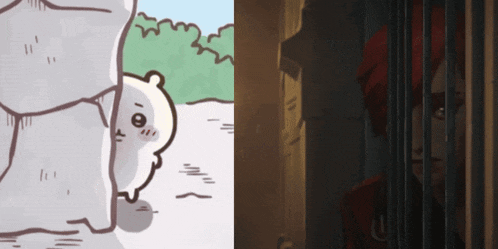 a cartoon of a bear peeking out from behind a stone wall