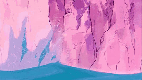 a painting of a pink and purple landscape with waves crashing against a rocky cliff .